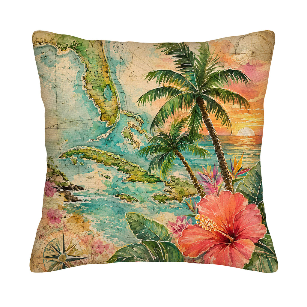 A square tropical pillow cover isolated on a white background, featuring a vivid watercolor print of a Florida Caribbean map, tropical palm trees, a compass, and a large red hibiscus flower.
