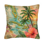 A square tropical pillow cover isolated on a white background, featuring a vivid watercolor print of a Florida Caribbean map, tropical palm trees, a compass, and a large red hibiscus flower.
