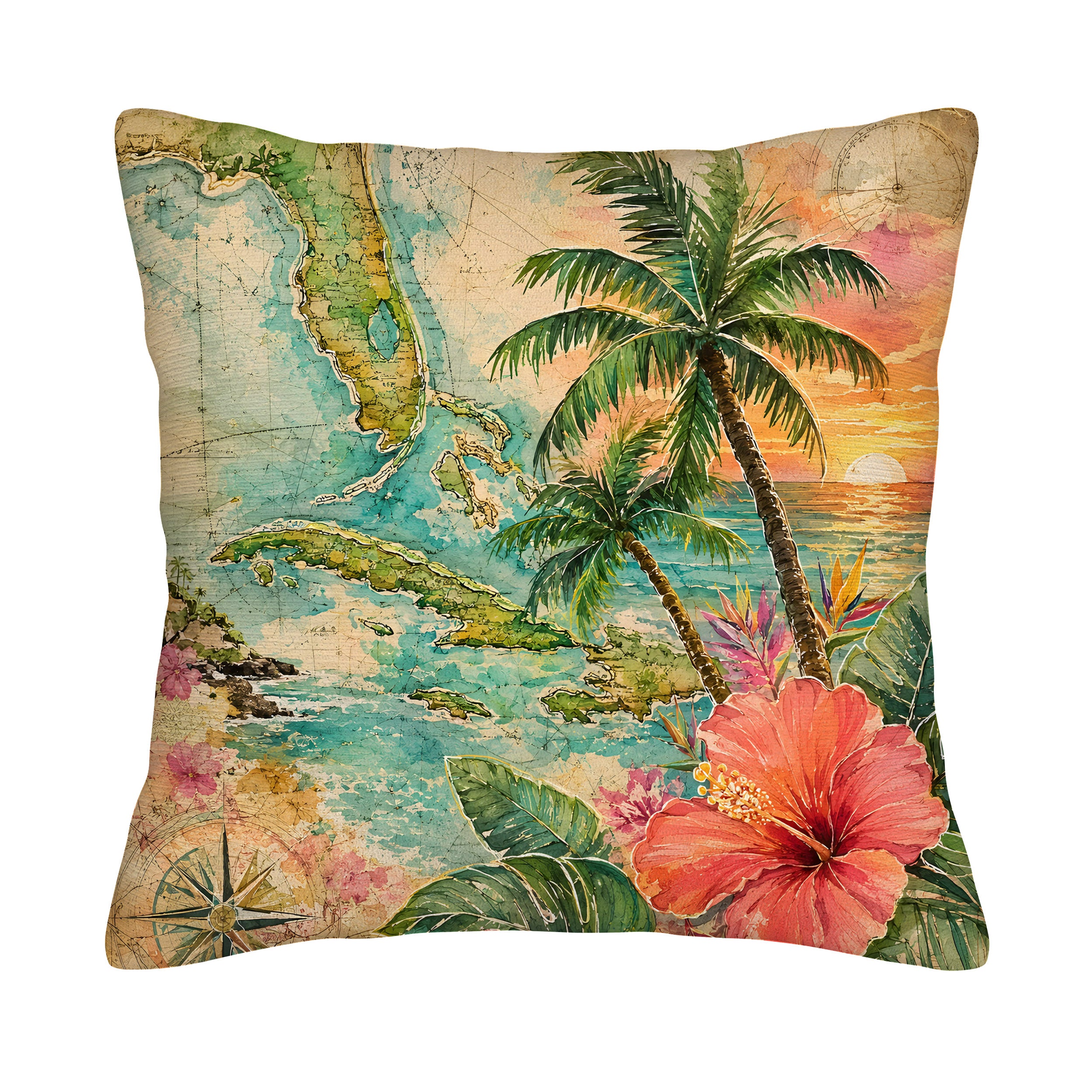 A square tropical pillow cover isolated on a white background, featuring a vivid watercolor print of a Florida Caribbean map, tropical palm trees, a compass, and a large red hibiscus flower.