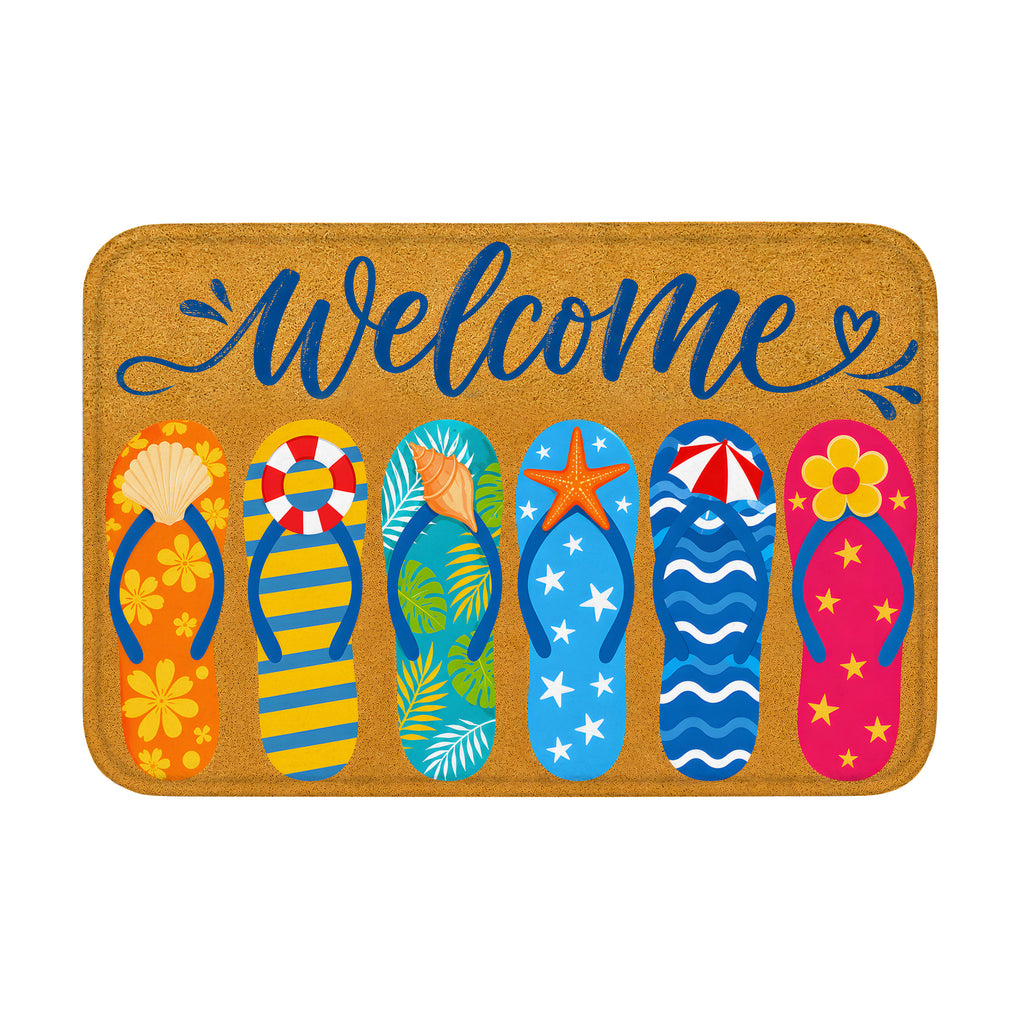 A rectangular summer welcome doormat featuring six colorful beach flip-flops with ocean themes on a coir-textured background.