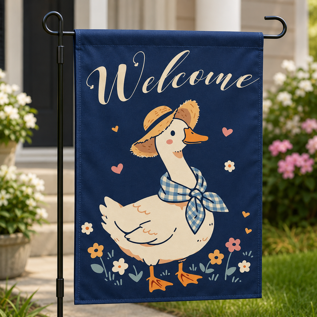 Welcome goose garden flag showing fabric texture and printed details.