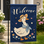 Welcome goose garden flag showing fabric texture and printed details.
