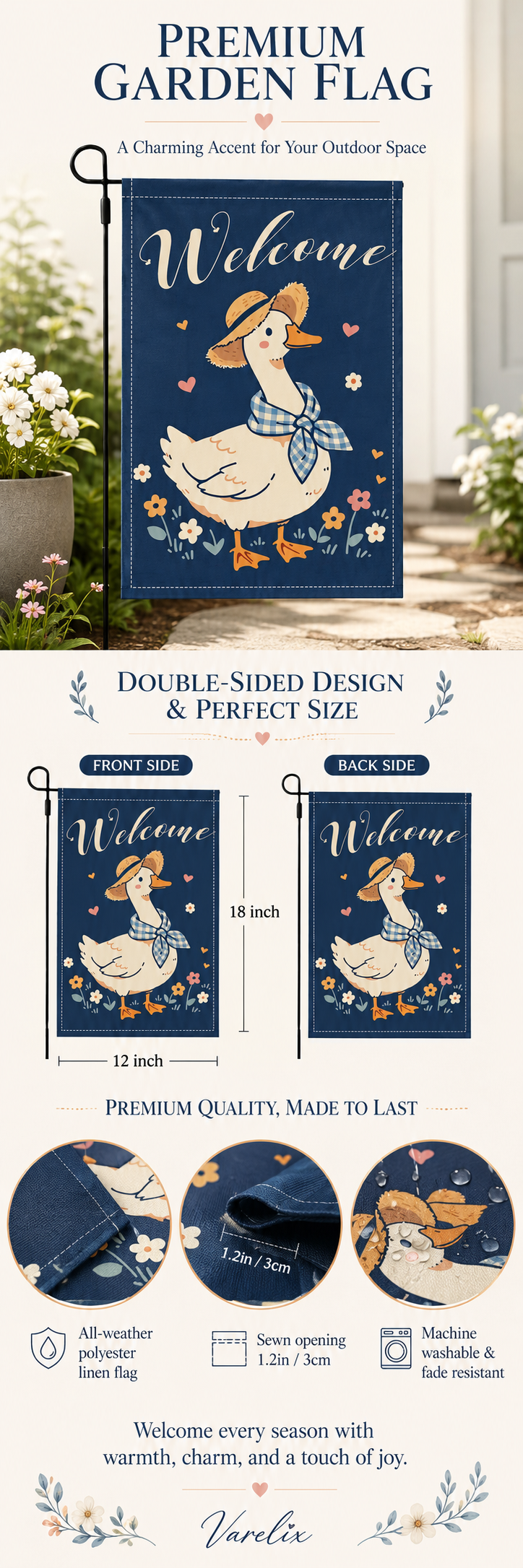 Welcome goose garden flag with size and quality details.