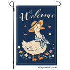 Welcome goose garden flag with straw hat and floral accents.