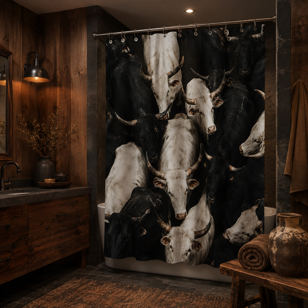 A western bull herd print shower curtain in a dark cozy cabin bathroom, styled with dark wood paneling, warm retro wall lamp, and a rustic wooden stool.