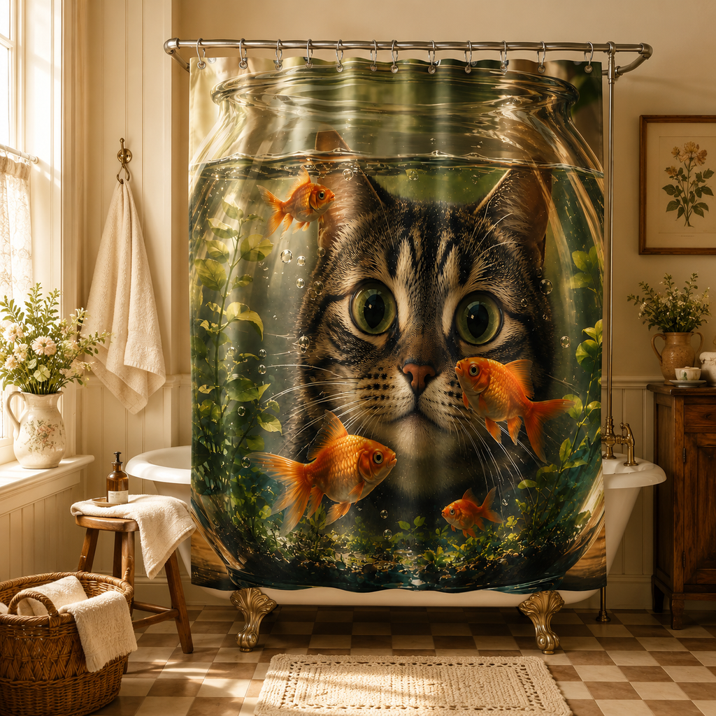 Whimsical tabby cat in a fishbowl pattern shower curtain paired with a classic clawfoot tub and checkerboard tiled floor.