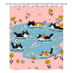 An isolated studio product shot of a rectangular shower curtain printed with a seamless whimsical illustration of cartoon cats swimming in a blue pool surrounded by pink daisy fields.
