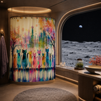 Colorful watercolor cat shower curtain hanging in a modern bathroom looking out to a moon surface and planet earth.