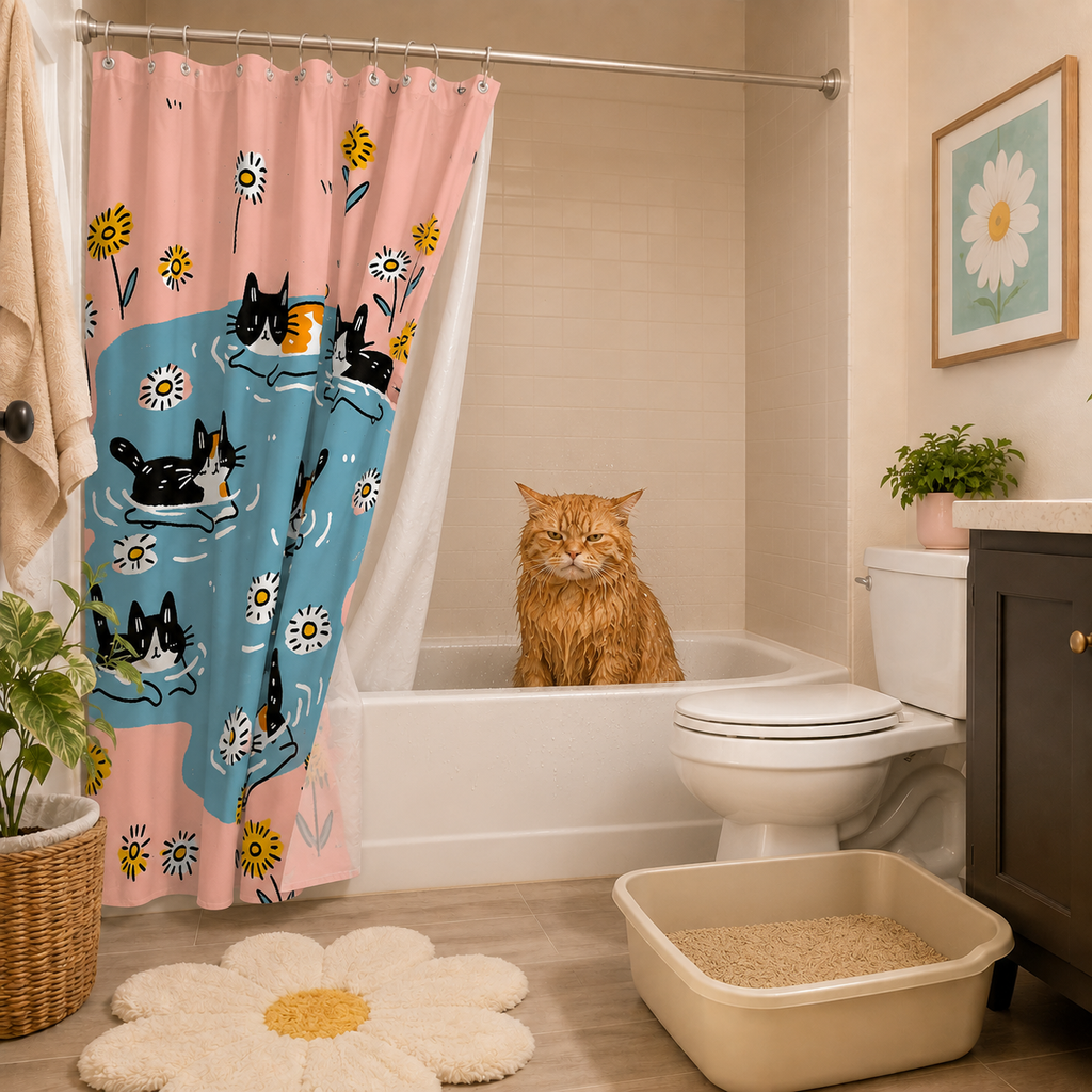 A playful illustration shower curtain featuring cartoon cats swimming in a pond, styled in a bathroom with a grumpy, soaking wet orange cat sitting inside the white bathtub.