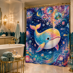 A whimsical cosmic whale shower curtain in a luxury bathroom, featuring brass fixtures, a retro wall sconce, deep blue tile wainscoting, and a brass side table with pearl decor.