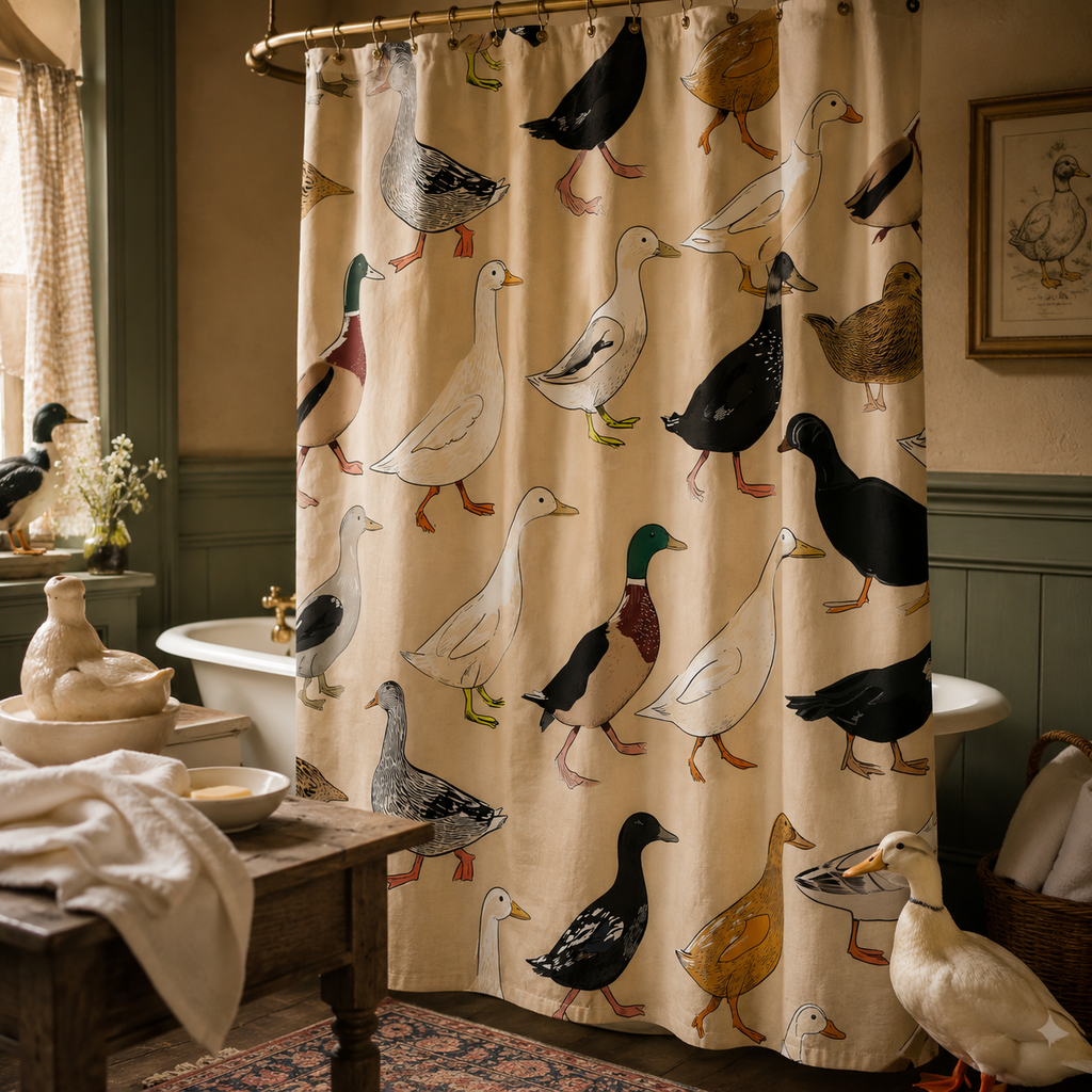A quirky vintage style shower curtain patterned with various running ducks, styled in a rustic bathroom with an old clawfoot tub and a white duck figure on the floor.