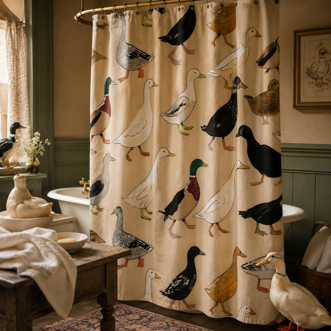A quirky vintage style shower curtain patterned with various running ducks, styled in a rustic bathroom with an old clawfoot tub and a white duck figure on the floor.