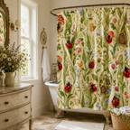 A whimsical garden ladybug printed shower curtain installed above a white clawfoot bathtub, paired with an antique distressed white vanity, brass fixtures, and a basket of fresh towels.