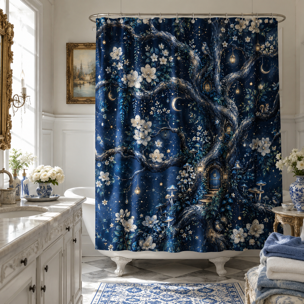 A whimsical starry night treehouse shower curtain paired with a vintage clawfoot tub, classic French bathroom decor, blue and white porcelain vases, and stacked soft towels.