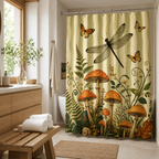 Whimsical woodland mushroom and dragonfly shower curtain complementing a modern bathroom with light oak cabinets.