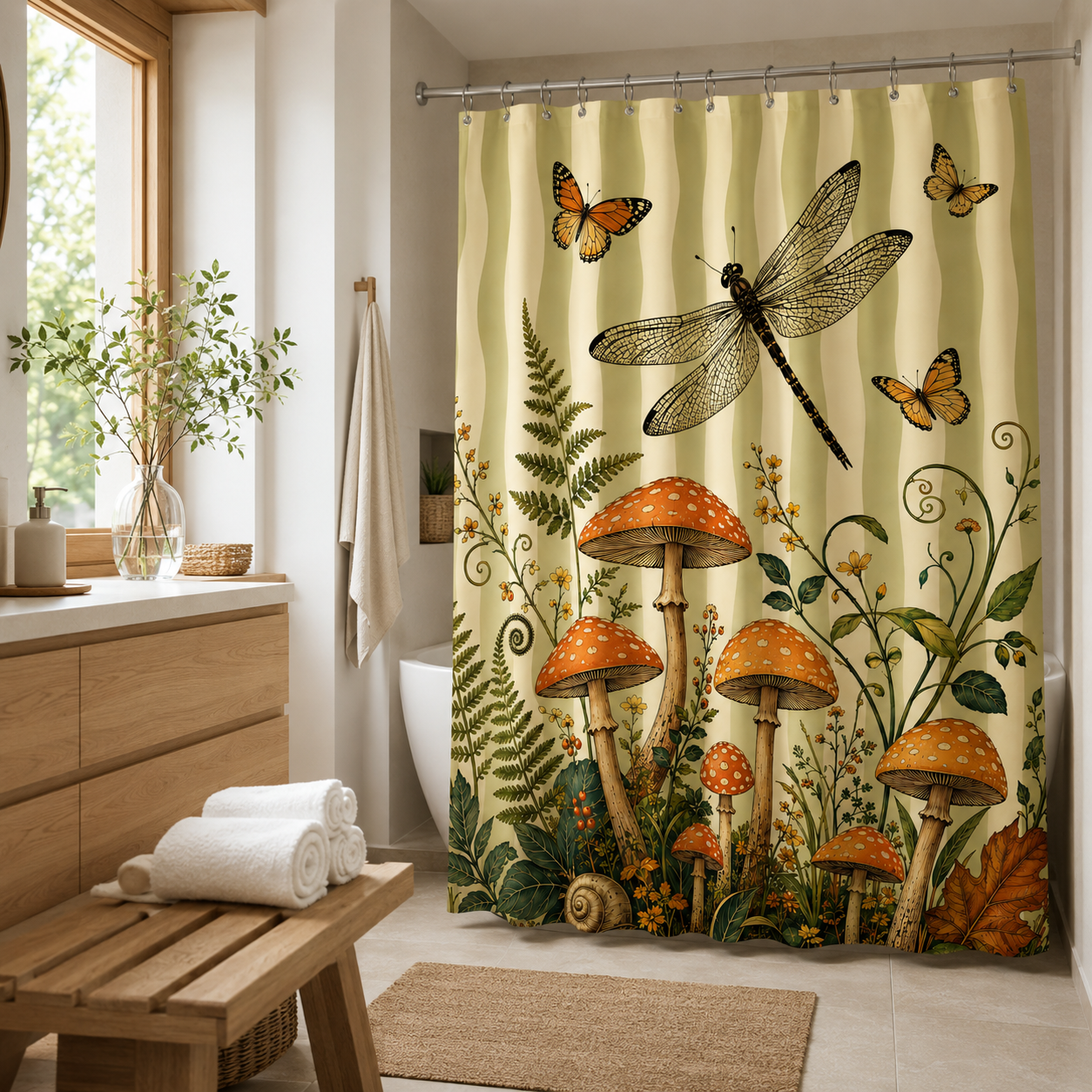 Whimsical woodland mushroom and dragonfly shower curtain complementing a modern bathroom with light oak cabinets.