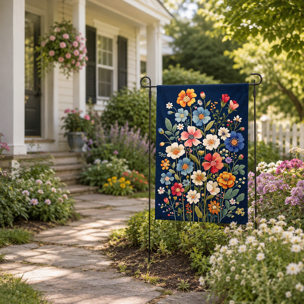 Wildflower bouquet garden flag displayed along a sunny front yard path