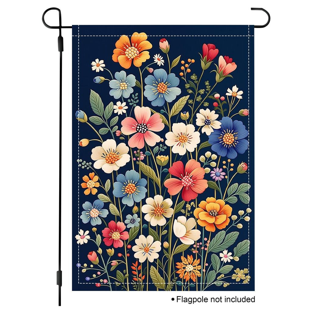 Wildflower bouquet garden flag with colorful blooms on a navy background