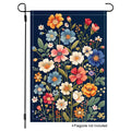 Wildflower bouquet garden flag with colorful blooms on a navy background