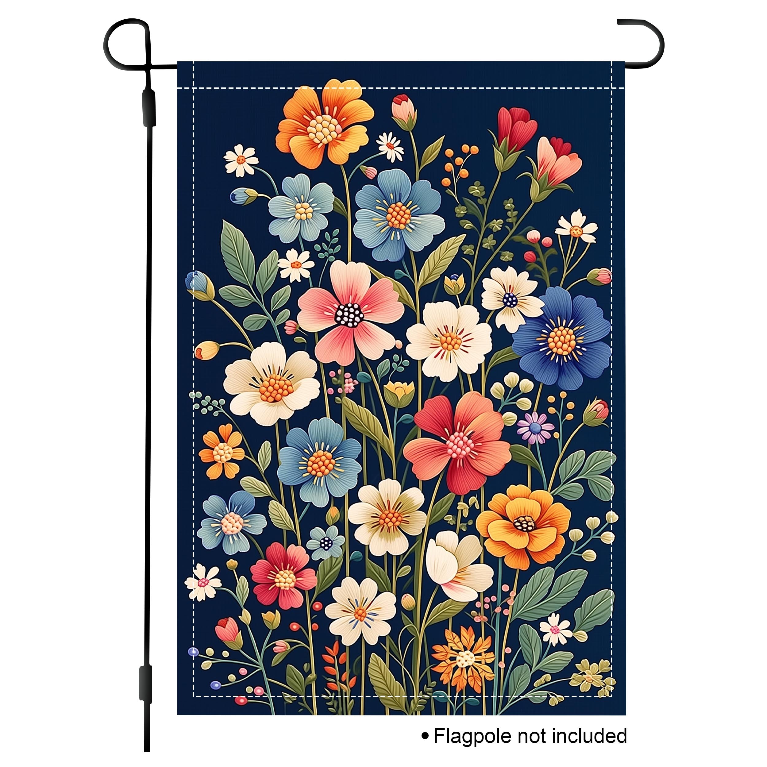 Wildflower bouquet garden flag with colorful blooms on a navy background