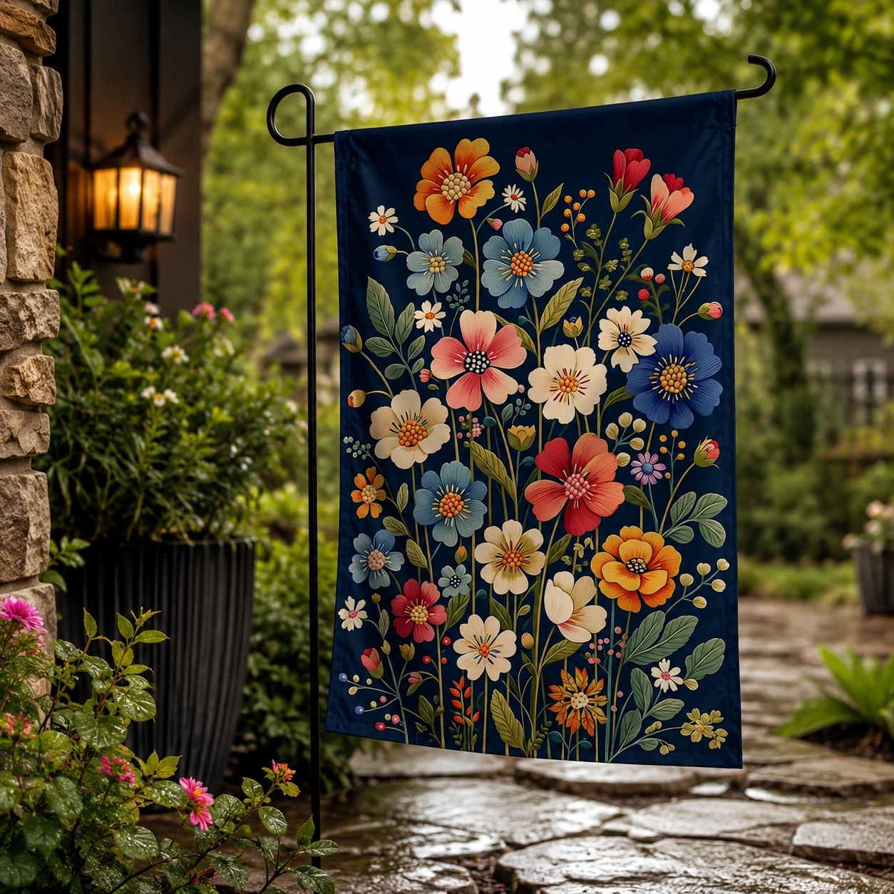 Wildflower bouquet garden flag hanging near a stone garden pathway