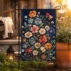 Wildflower bouquet garden flag styled beside a warm patio planter