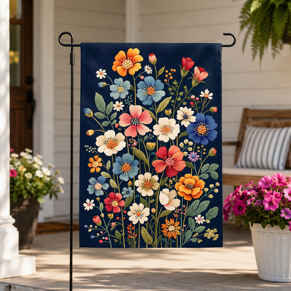 Wildflower bouquet garden flag displayed on a bright farmhouse porch