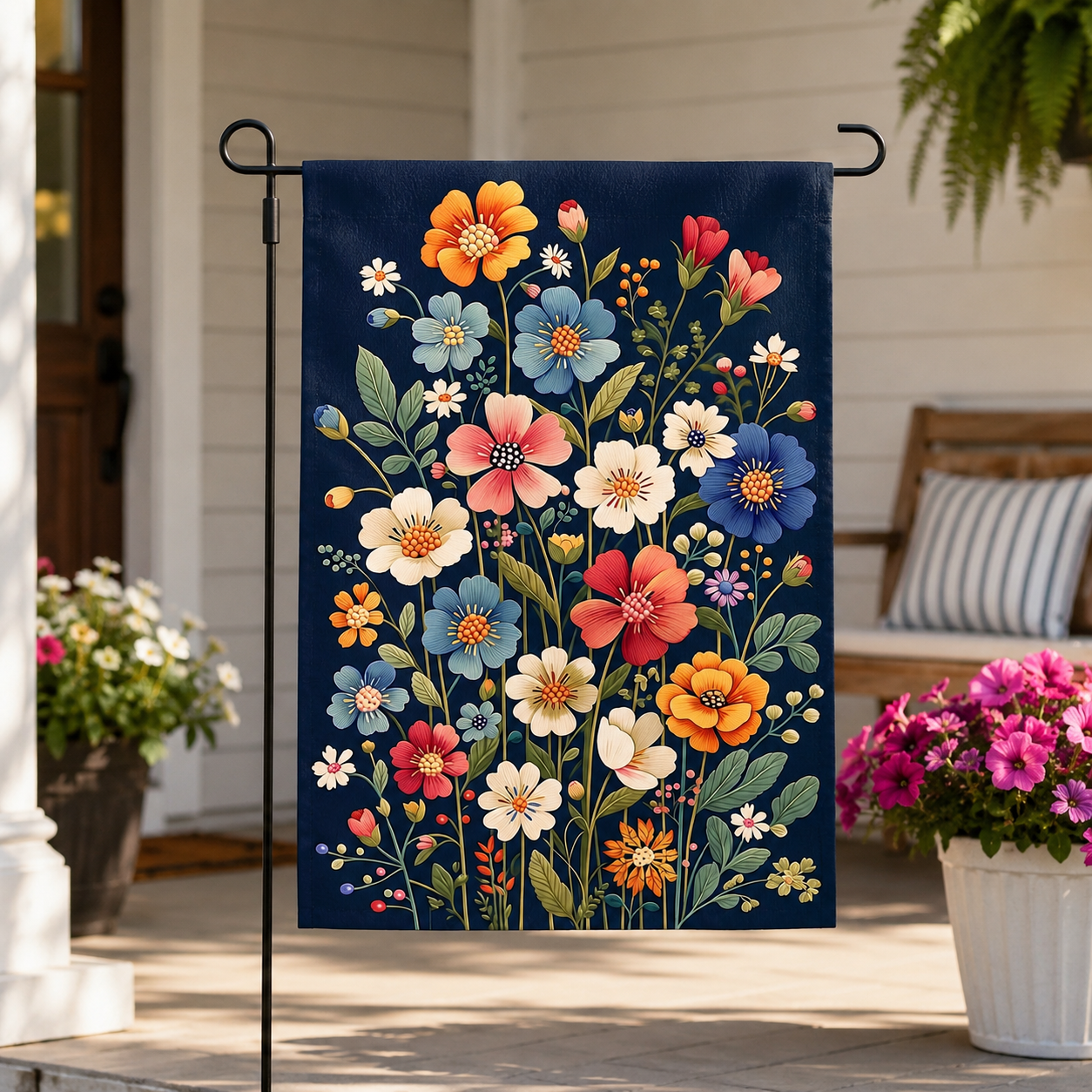 Wildflower bouquet garden flag displayed on a bright farmhouse porch