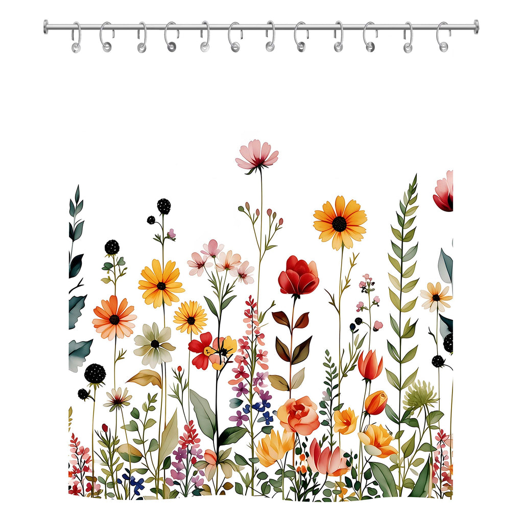 Front view of a white fabric shower curtain with a vibrant watercolor wildflower garden print and metal rings.