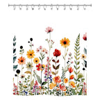 Front view of a white fabric shower curtain with a vibrant watercolor wildflower garden print and metal rings.