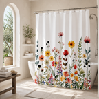 Whimsical wildflower garden shower curtain over a white bathtub in a bright Mediterranean style bathroom.