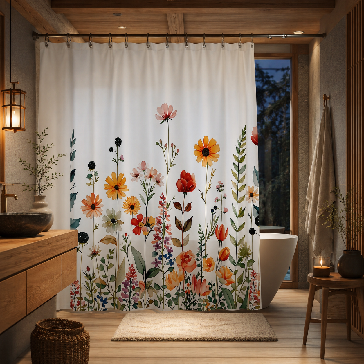 Colorful wildflower floral fabric shower curtain hanging in a warm wooden rustic style bathroom.
