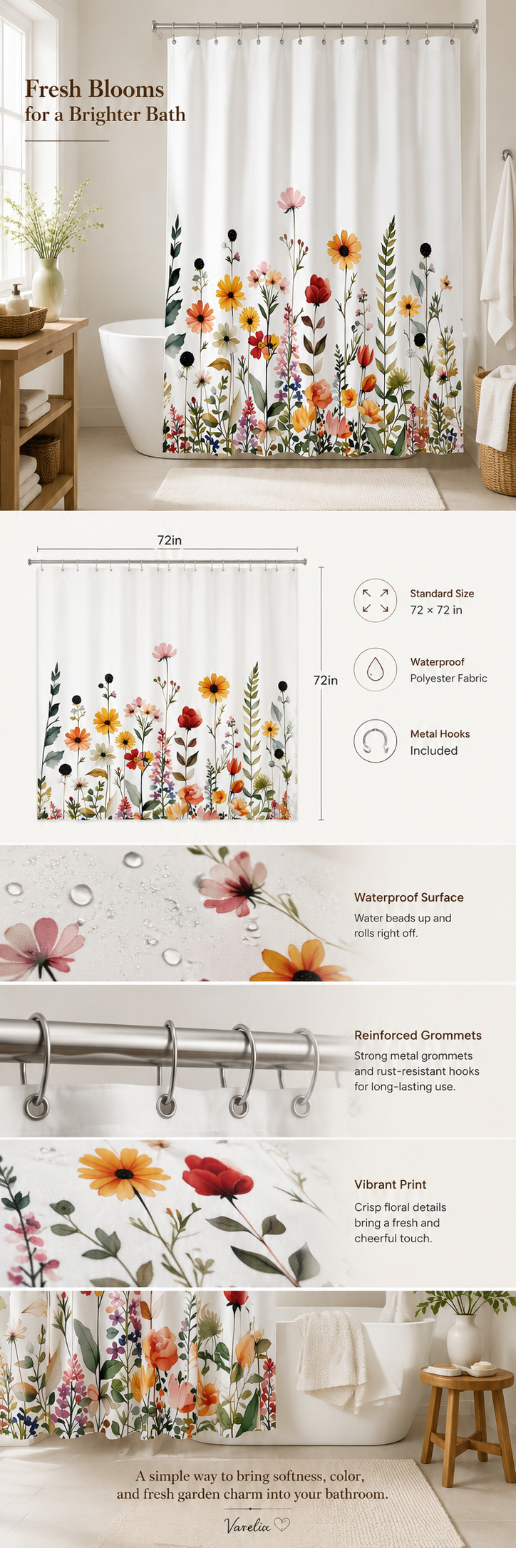Product infographic for a wildflower shower curtain highlighting the waterproof polyester fabric, reinforced grommets, and standard dimensions.
