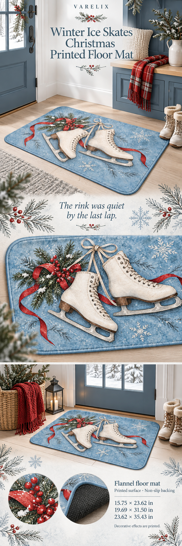 Winter Ice Skates Christmas Printed Floor Mat by VARELIX, A+ detail poster with verified material, sizes and included items.