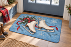 Winter Ice Skates Christmas Printed Floor Mat, lifestyle view 1: One mat laid flat INSIDE the front door, full landscape mat and all four rounded corners visible at small accent-mat scale, angled downward photography.