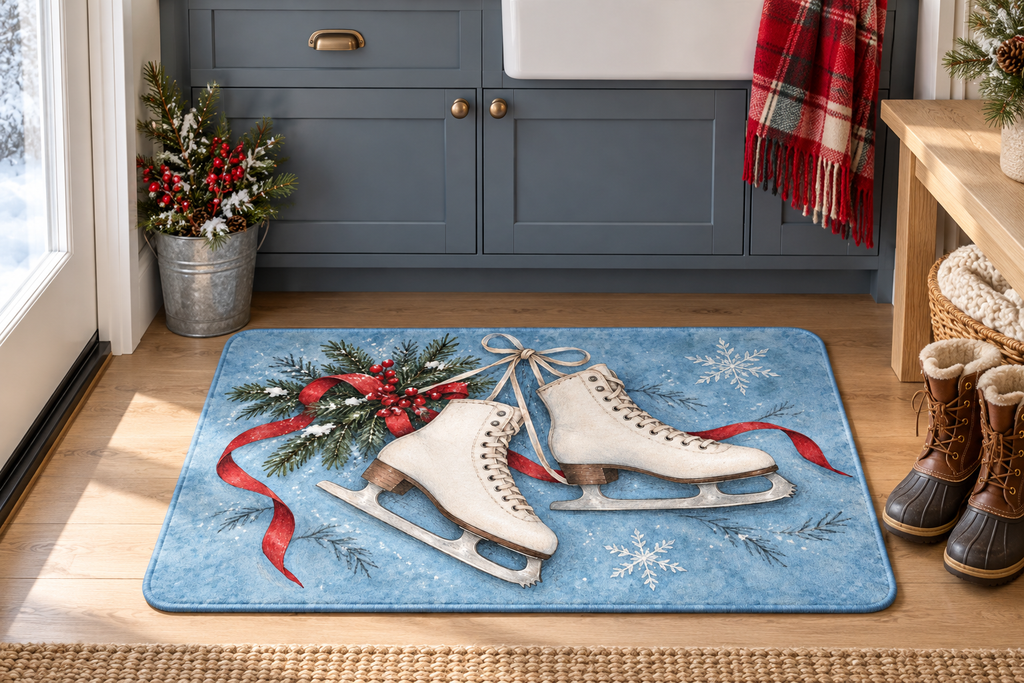 Winter Ice Skates Christmas Printed Floor Mat, lifestyle view 2: One mat on the kitchen floor in front of a sink or coffee station, full printed surface readable, no furniture hiding the design.