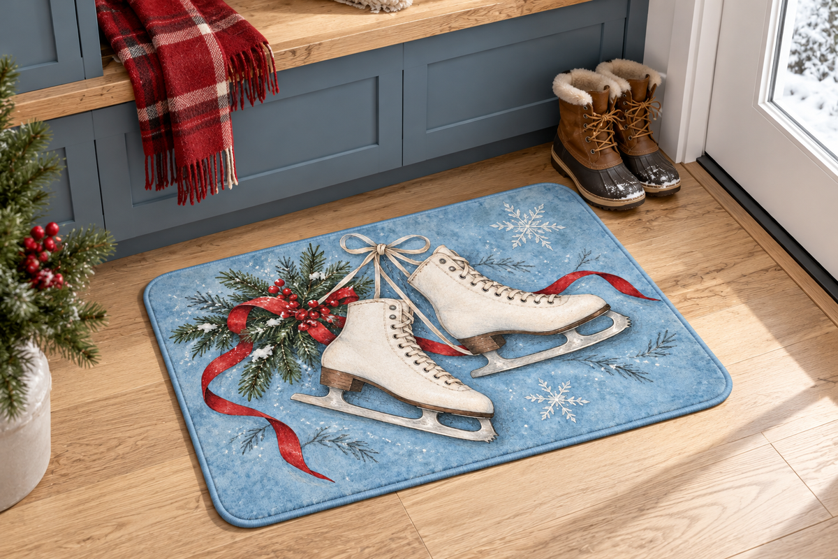 Winter Ice Skates Christmas Printed Floor Mat, lifestyle view 3: One mat in a tidy indoor mudroom beside a small bench, photographed slightly above with realistic 16 by 24 inch scale.