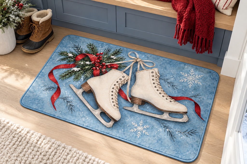 Winter Ice Skates Christmas Printed Floor Mat, lifestyle view 4: Close overhead-oblique view of one mat on a clean pale-wood floor near a cabinet, all four corners in frame, soft side light reveals short flannel nap.