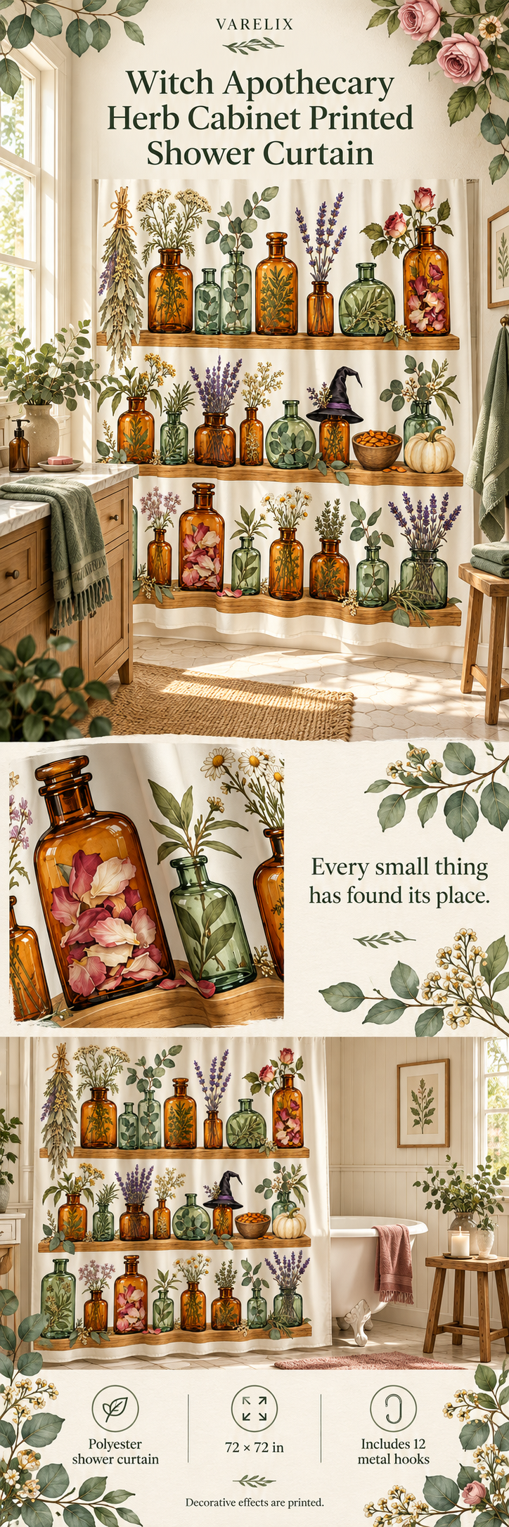 Witch Apothecary Herb Cabinet Printed Shower Curtain by VARELIX, A+ detail poster with verified material, sizes and included items.