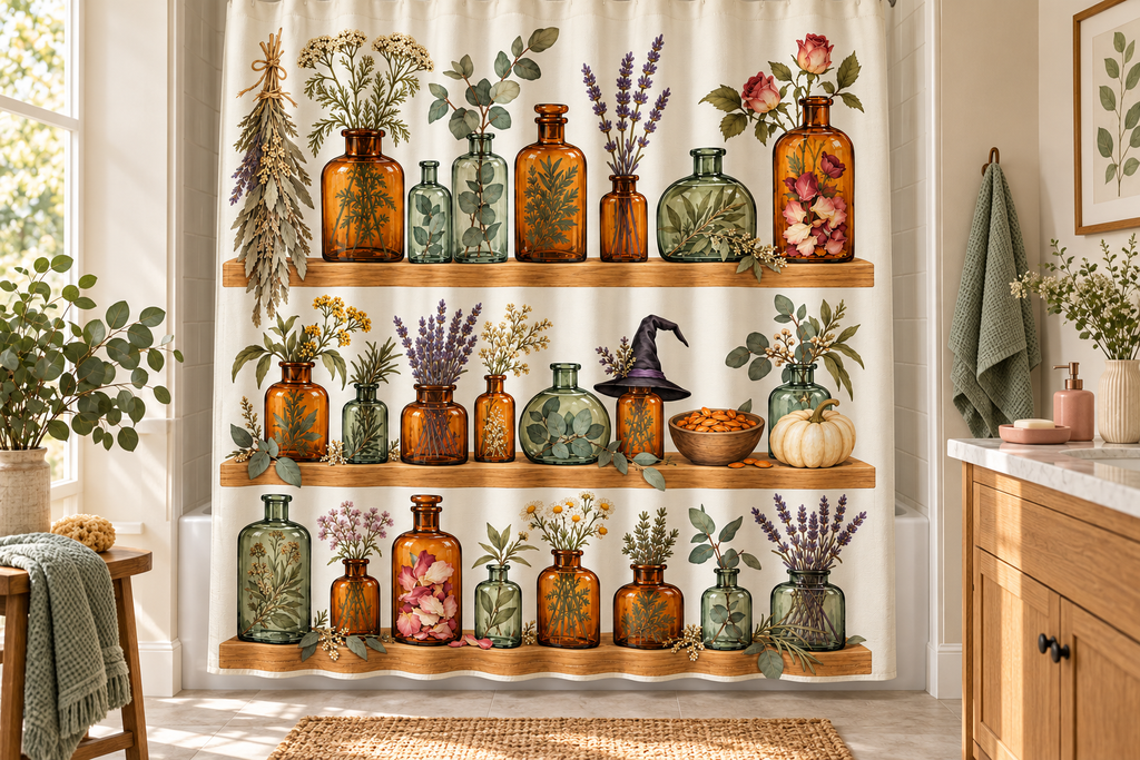 Witch Apothecary Herb Cabinet Printed Shower Curtain, lifestyle view 1: Curtain fully drawn across a standard tub, nearly frontal view, entire square print readable, top rail and hooks cropped completely OUT OF FRAME; square print readable; no floor-length distortion.
