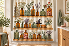 Witch Apothecary Herb Cabinet Printed Shower Curtain, lifestyle view 1: Curtain fully drawn across a standard tub, nearly frontal view, entire square print readable, top rail and hooks cropped completely OUT OF FRAME; square print readable; no floor-length distortion.