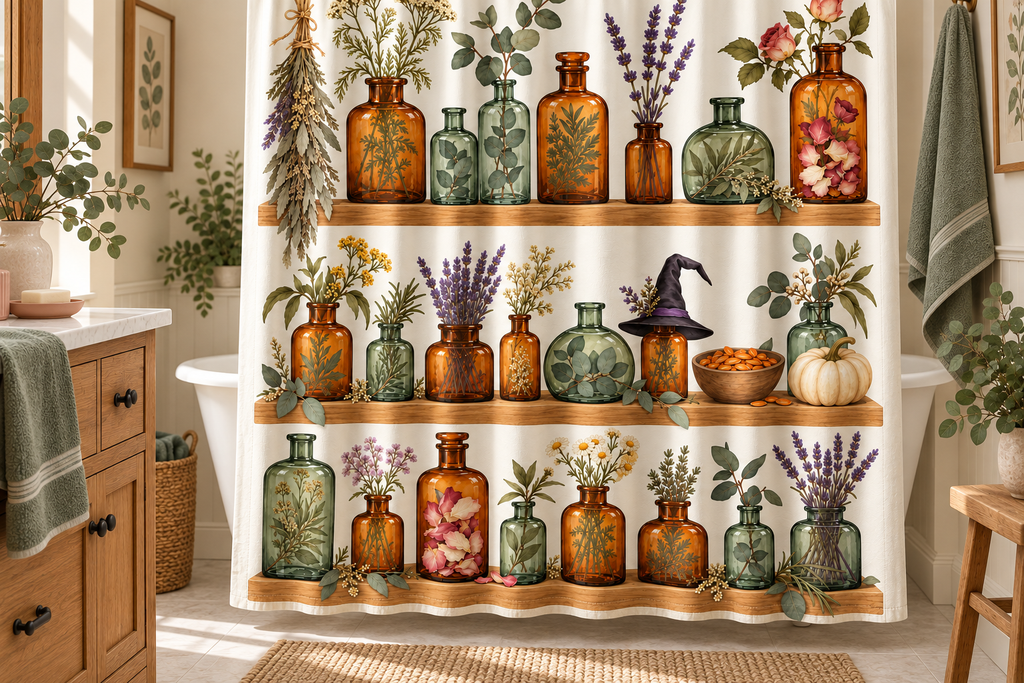 Witch Apothecary Herb Cabinet Printed Shower Curtain, lifestyle view 2: Three-quarter view of a standard tub and square curtain, upper hardware cropped OUT OF FRAME, full printed motif visible with soft vertical folds, no window or fixture passing through cloth.