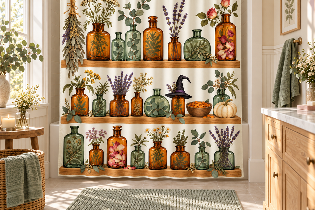 Witch Apothecary Herb Cabinet Printed Shower Curtain, lifestyle view 3: A bright bathroom with square curtain as the dominant focal wall, medium-wide editorial view, top hardware deliberately cropped OUT OF FRAME, camera at natural eye level.