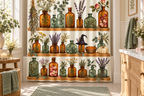Witch Apothecary Herb Cabinet Printed Shower Curtain, lifestyle view 3: A bright bathroom with square curtain as the dominant focal wall, medium-wide editorial view, top hardware deliberately cropped OUT OF FRAME, camera at natural eye level.