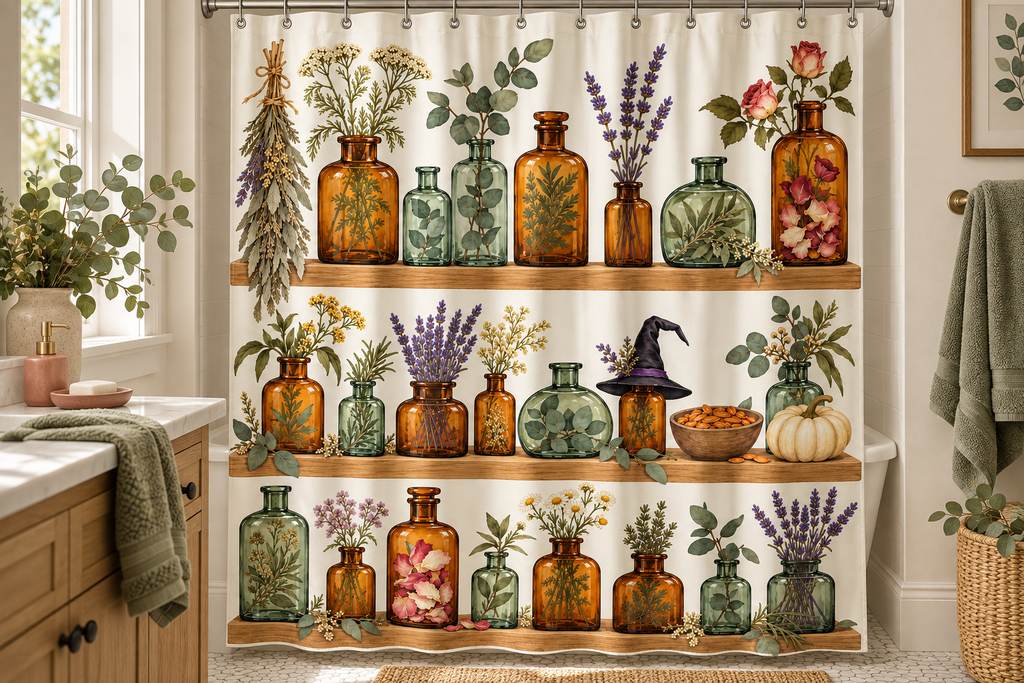 Witch Apothecary Herb Cabinet Printed Shower Curtain, lifestyle view 4: Closer front-angle bathroom view focused on the full square printed curtain, restrained surroundings, realistic fabric folds without hiding the central design; top hardware cropped OUT OF FRAME.