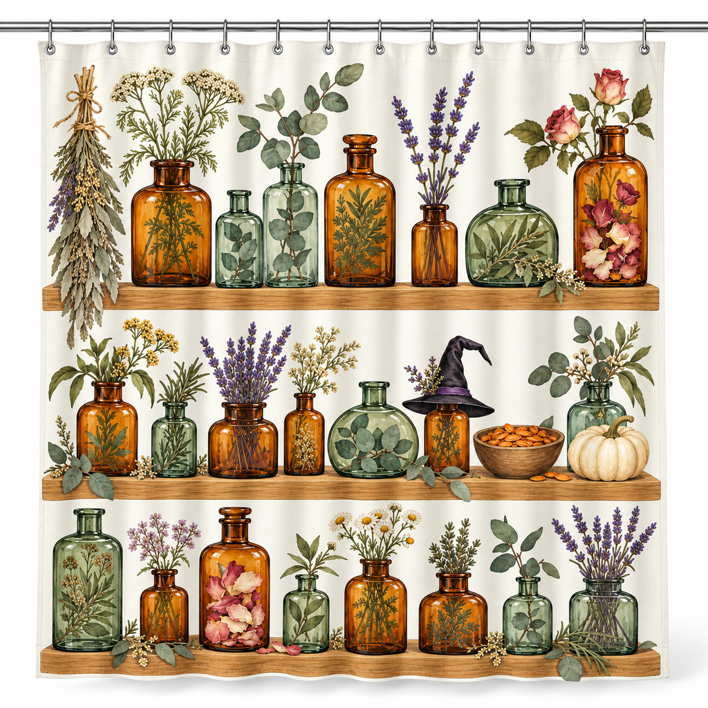 Witch Apothecary Herb Cabinet Printed Shower Curtain on a white background, showing the complete printed design.