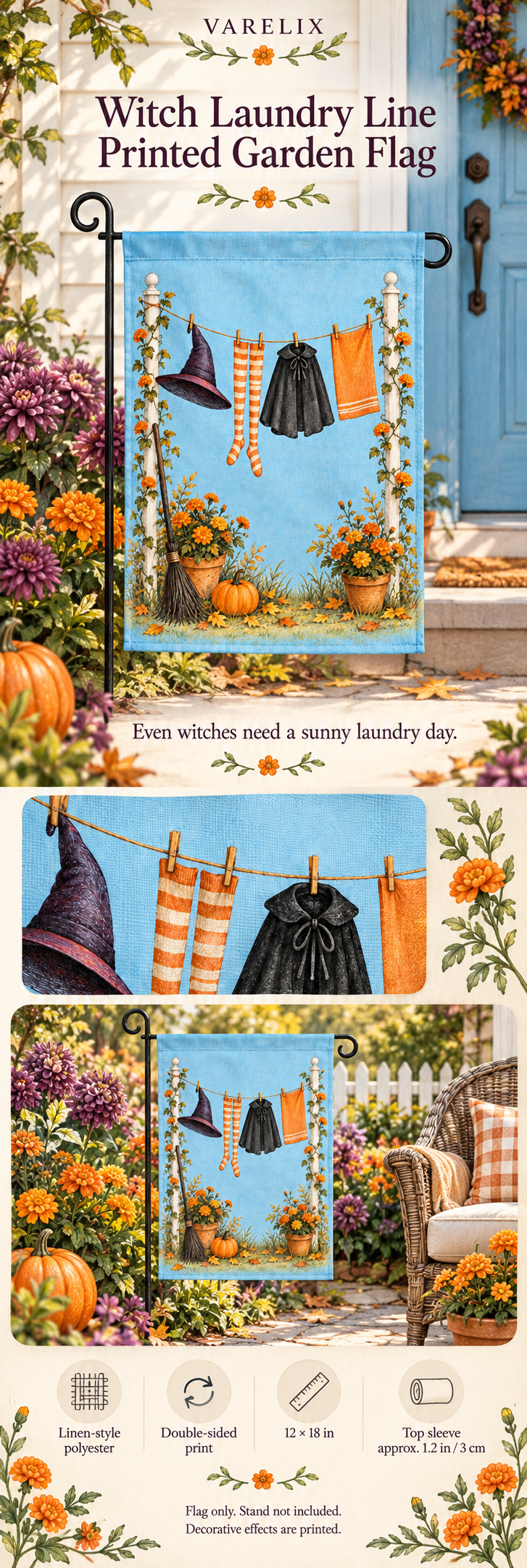 Witch Laundry Line Printed Garden Flag by VARELIX, A+ detail poster with verified material, sizes and included items.