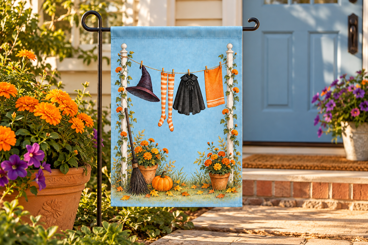 Witch Laundry Line Printed Garden Flag, lifestyle view 1: One flag on a simple separate black L-shaped garden stake beside a front porch planter, all of the flag readable, late-afternoon natural light.