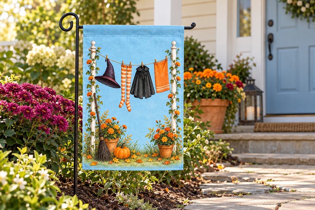 Witch Laundry Line Printed Garden Flag, lifestyle view 2: One flag on a separate black garden stake along a short garden path, lower garden view with planting behind; no people, full rectangle visible.