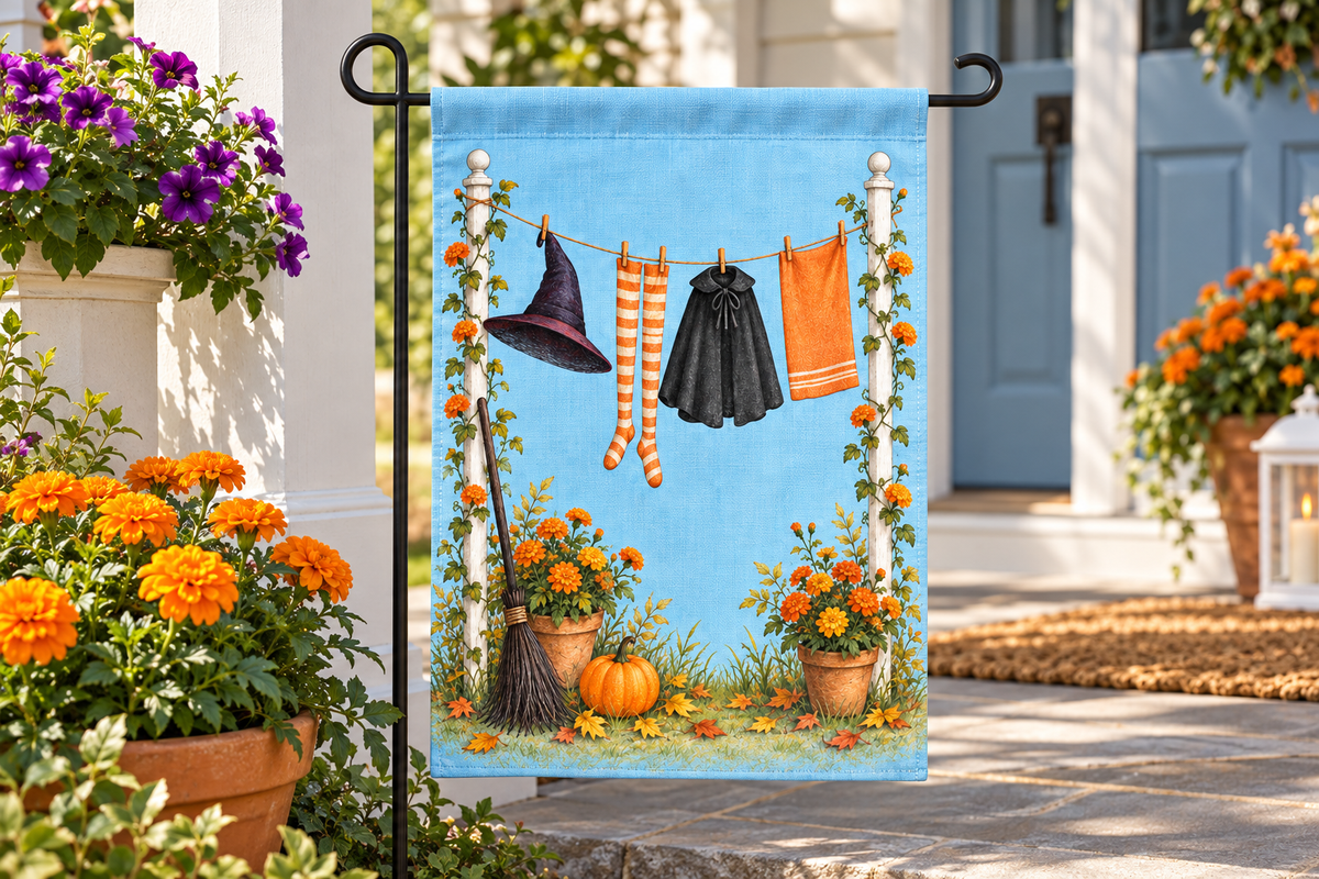 Witch Laundry Line Printed Garden Flag, lifestyle view 3: Closer view of the flag on its separate black L-shaped stake near a porch post, the real cloth top sleeve threading over the horizontal bar, print clearly readable.